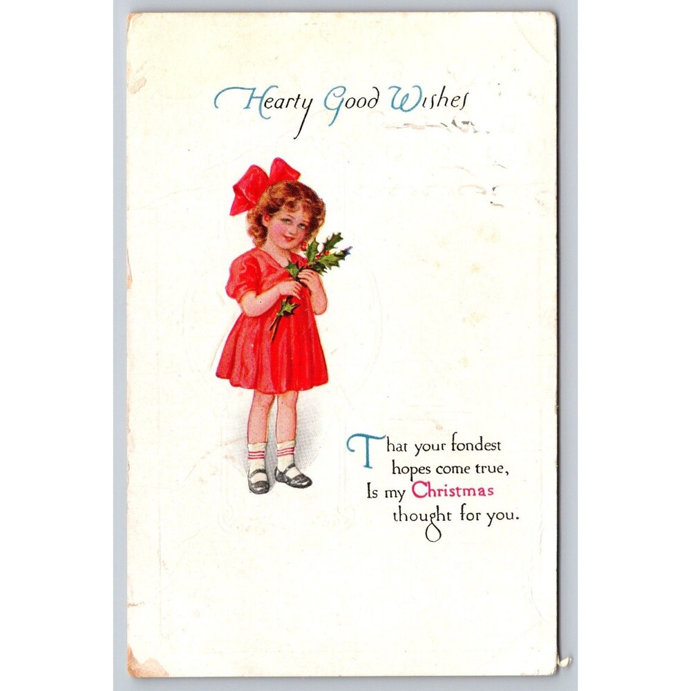 Antique Postcard Christmas Good Wishes Girl Red Dress Bow Posted 1919 Colorado